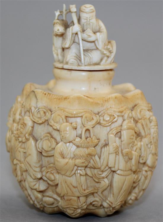 A rare Chinese ivory eight immortals snuff bottle and stopper, 1800-1900, 6.5cm, Richards collection